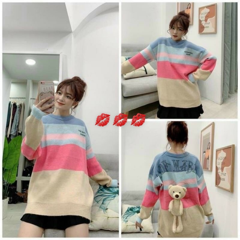 Áo len kẻ màu dài tay oversize kèm gấu sau lưng