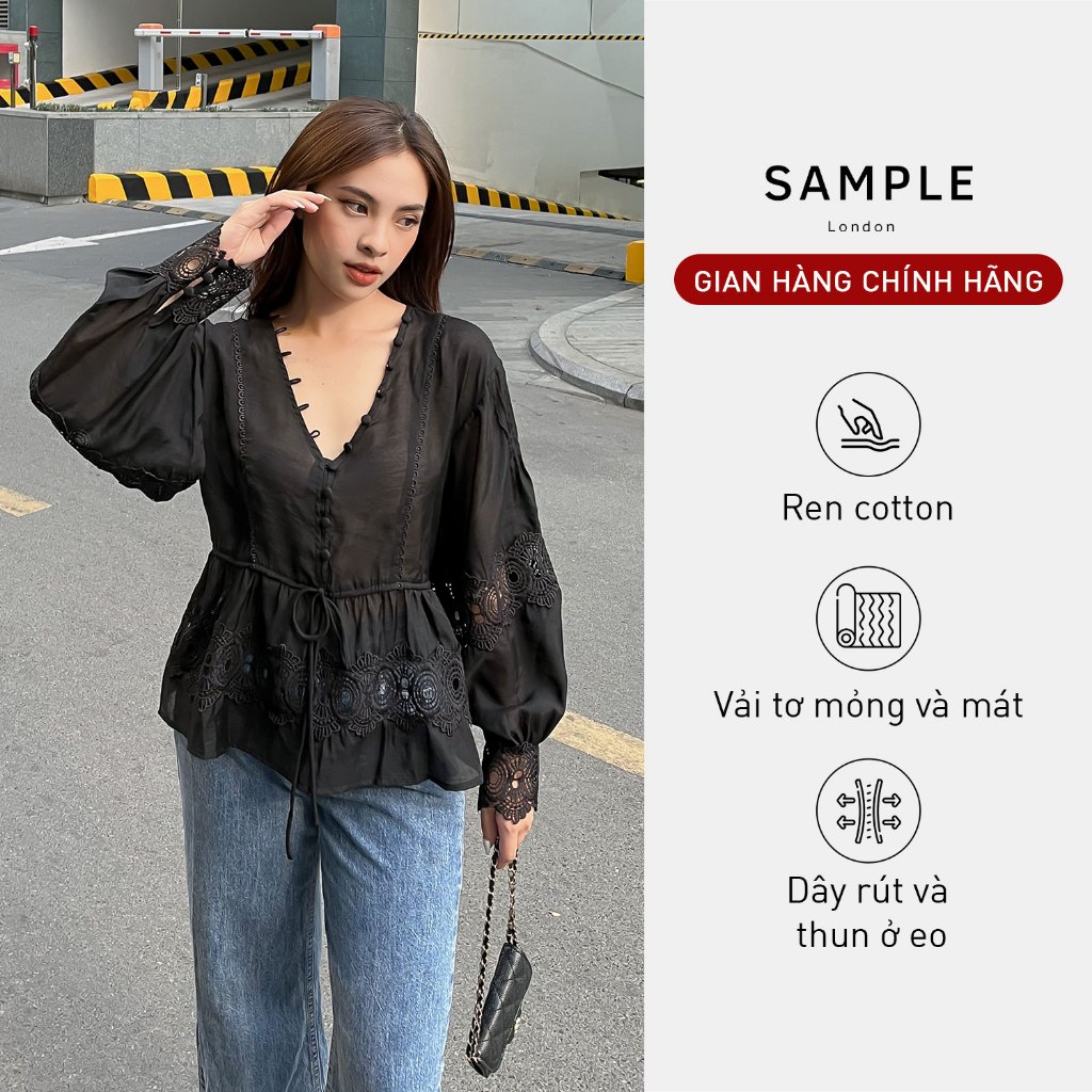 Áo cổ chữ V Maci Top phối ren SAMPLE LONDON vải tơ mỏng mát mẻ và mềm mại phù hợp mặc đi làm, dạo phố, dự tiệc