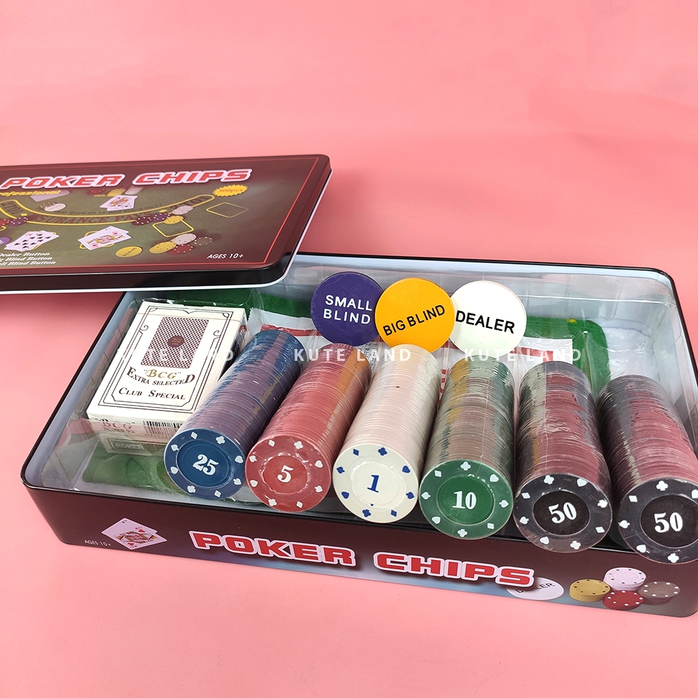 Bộ Phỉnh 300 Chip Poker có số 1,5,10,25,50 hộp sắt cao cấp kèm thảm Texas Hold'em Blackjack Full hộp PK17