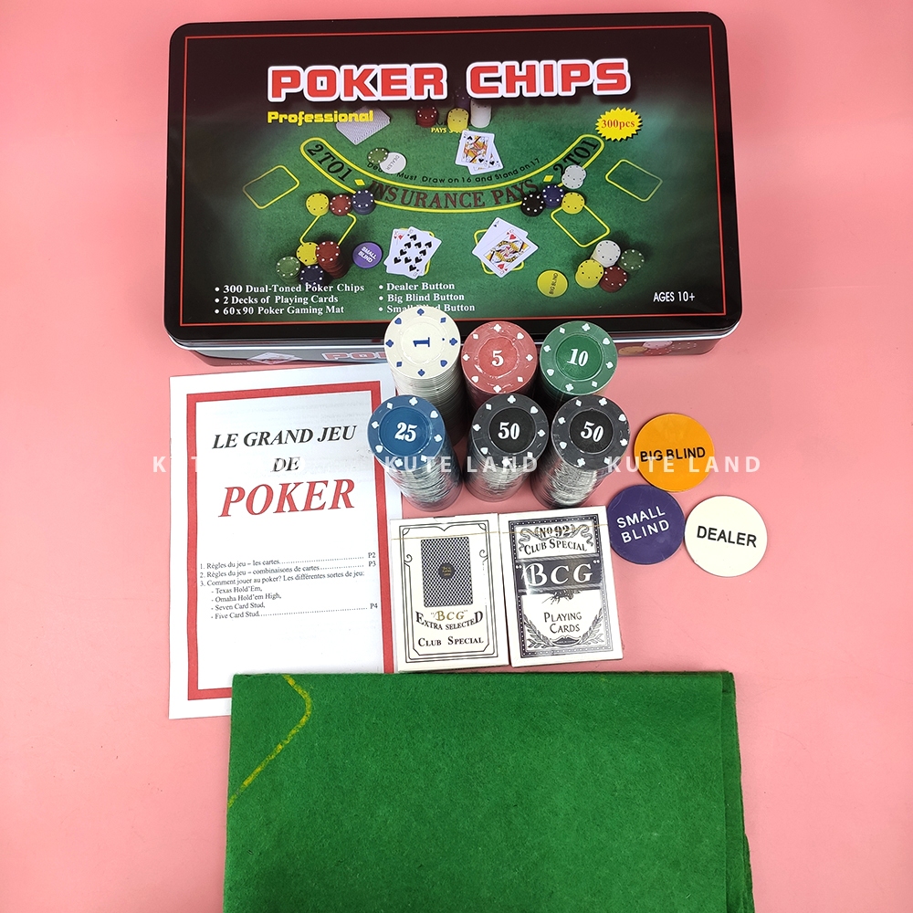 Bộ Phỉnh 300 Chip Poker có số 1,5,10,25,50 hộp sắt cao cấp kèm thảm Texas Hold'em Blackjack Full hộp PK17