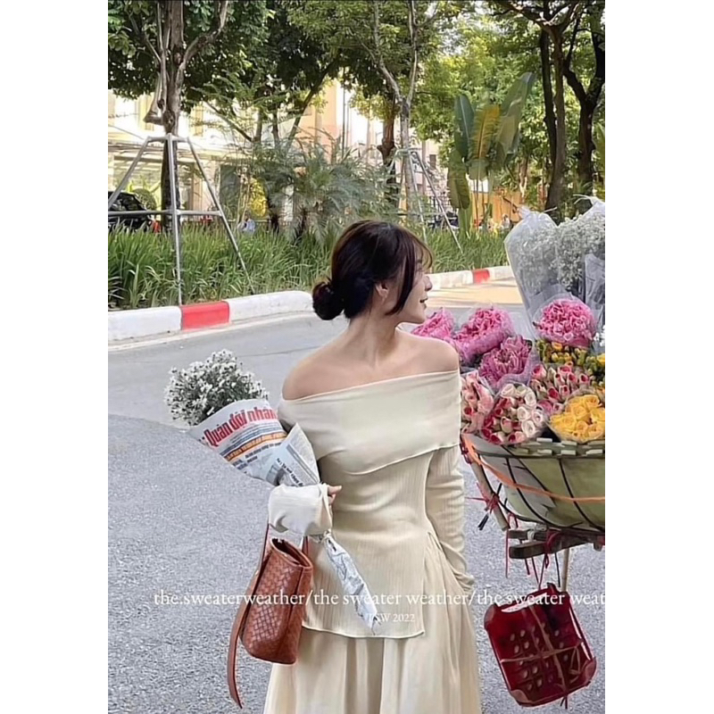 SET ÁO GÂN TRỄ VAI TAY DÀI XẺ TÀ + CHÂN VÁY MIDI