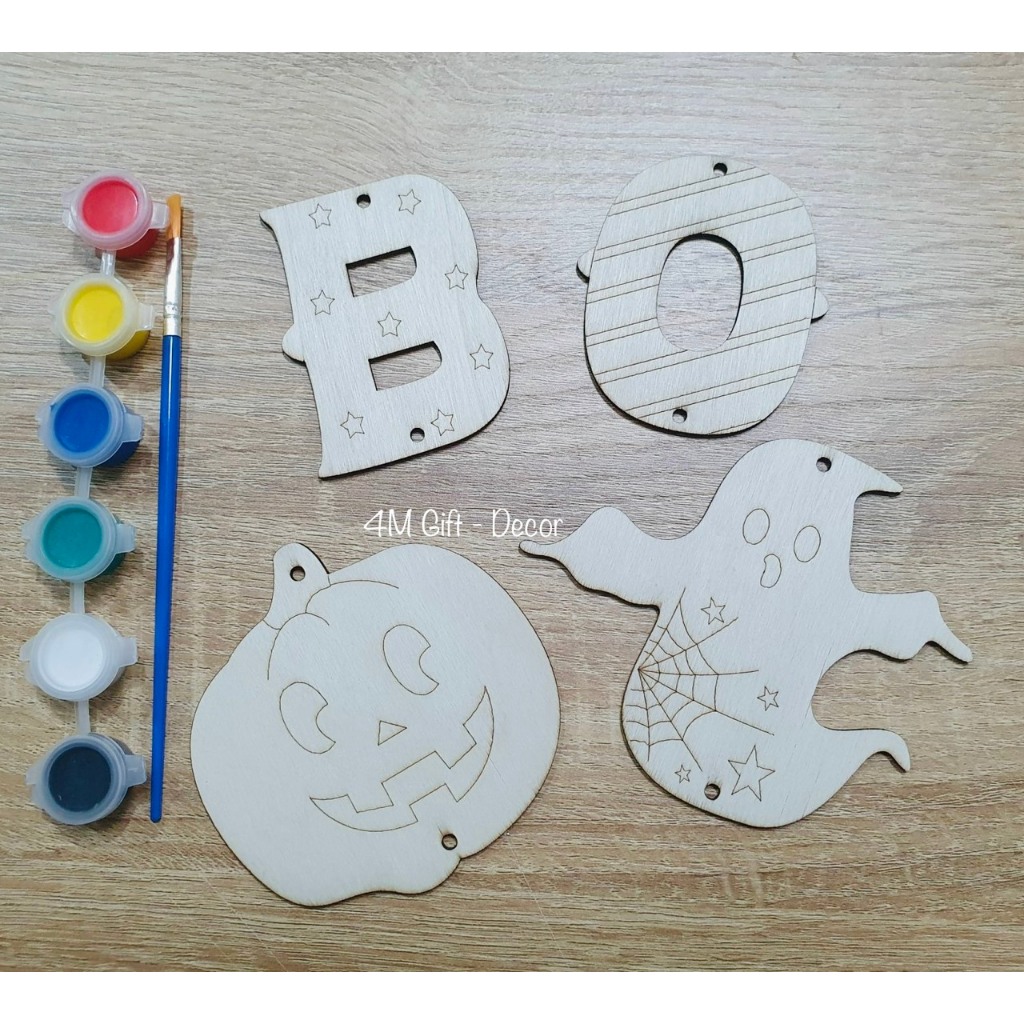 Bộ decor Halloween tô màu gỗ Diy, trang trí decor hình ma, bí, dơi, mèo, sọ, ông già noen