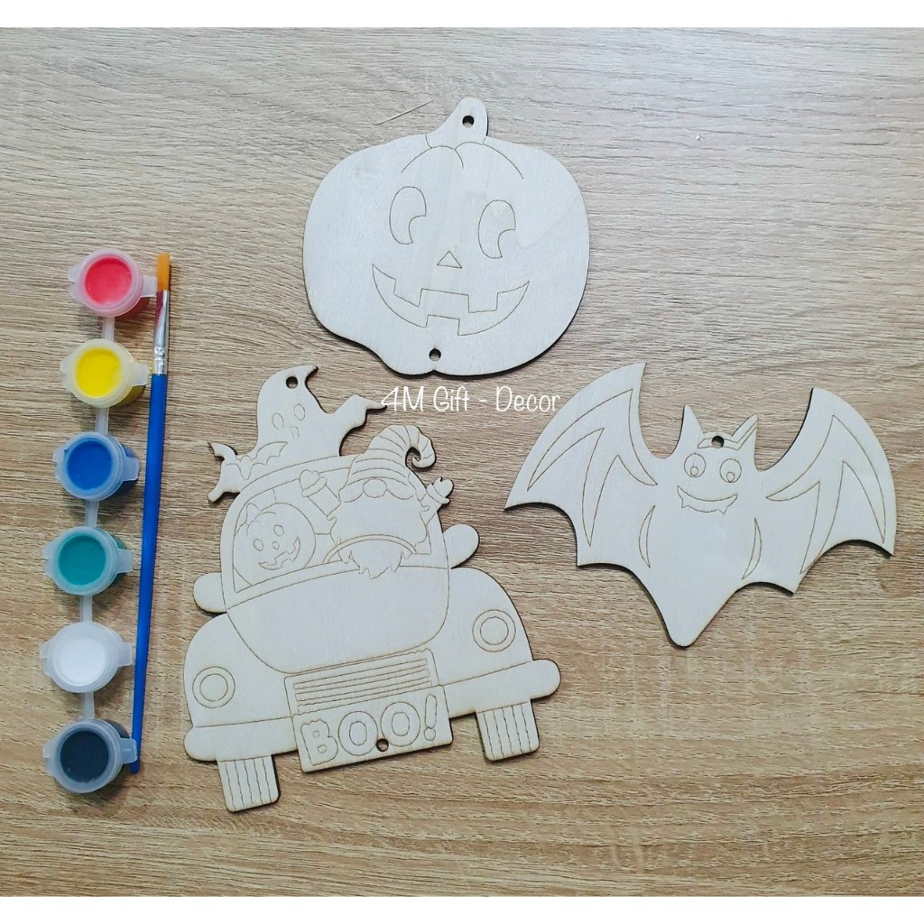 Bộ decor Halloween tô màu gỗ Diy, trang trí decor hình ma, bí, dơi, mèo, sọ, ông già noen