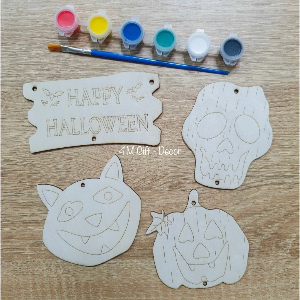 Bộ decor Halloween tô màu gỗ Diy, trang trí decor hình ma, bí, dơi, mèo, sọ, ông già noen