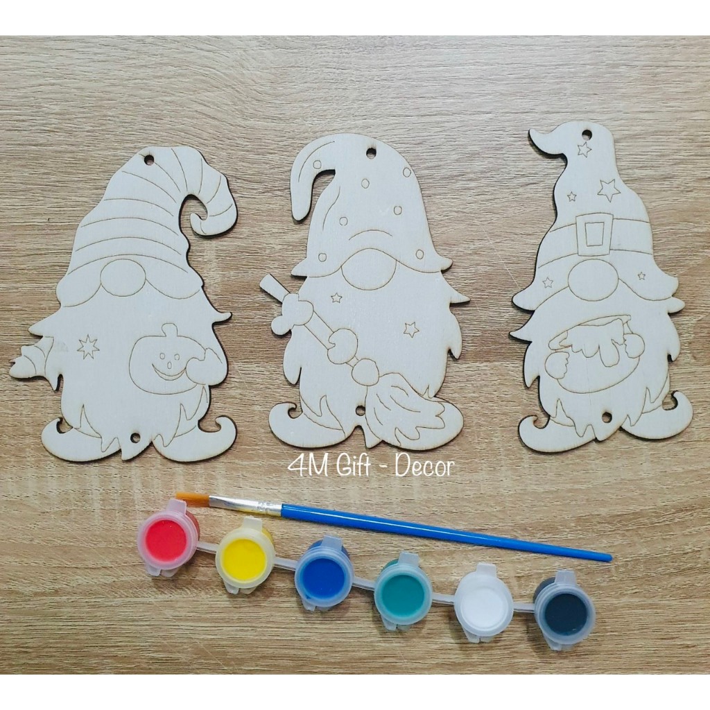 Bộ decor Halloween tô màu gỗ Diy, trang trí decor hình ma, bí, dơi, mèo, sọ, ông già noen