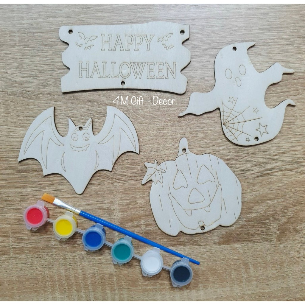 Bộ decor Halloween tô màu gỗ Diy, trang trí decor hình ma, bí, dơi, mèo, sọ, ông già noen
