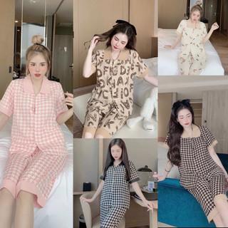 Bộ pijama lửng mặc nhà nhiều hoạ tiết chất lụa mango cổ sen
