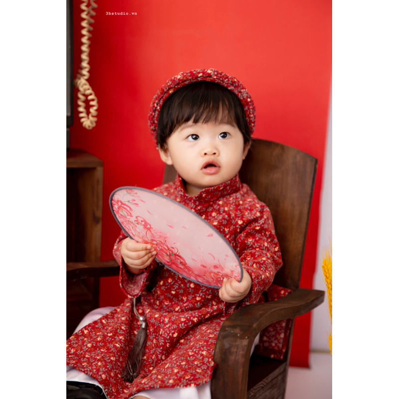 Áo Dài Nhung Tăm Hoa Nhí Kèm Cài Tóc Cho Bé Gái