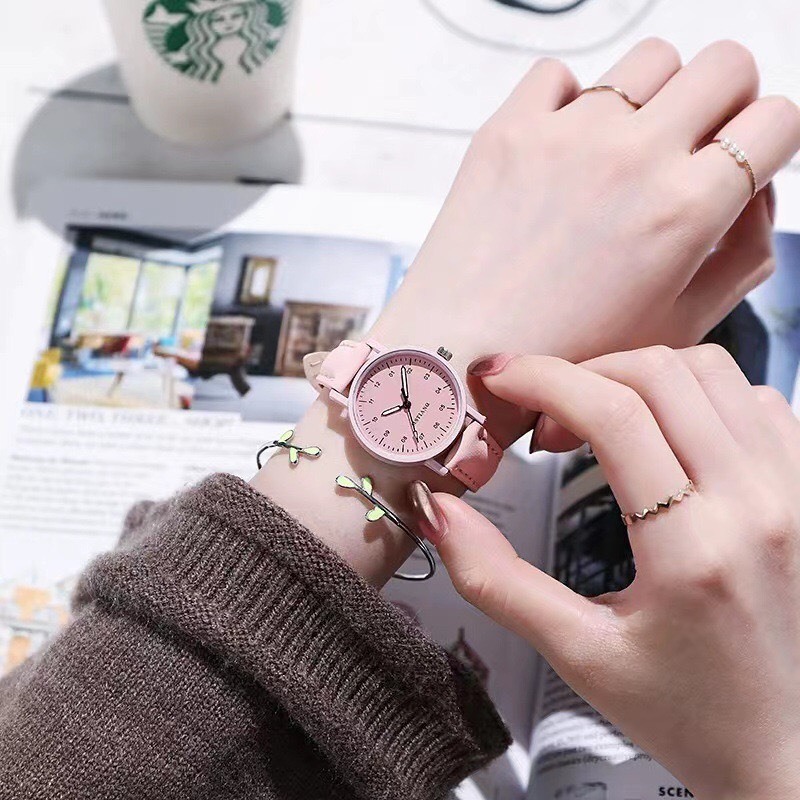 Đồng  Hồ Nữ Mặt Tròn Dây Da Dễ Thương  ASK