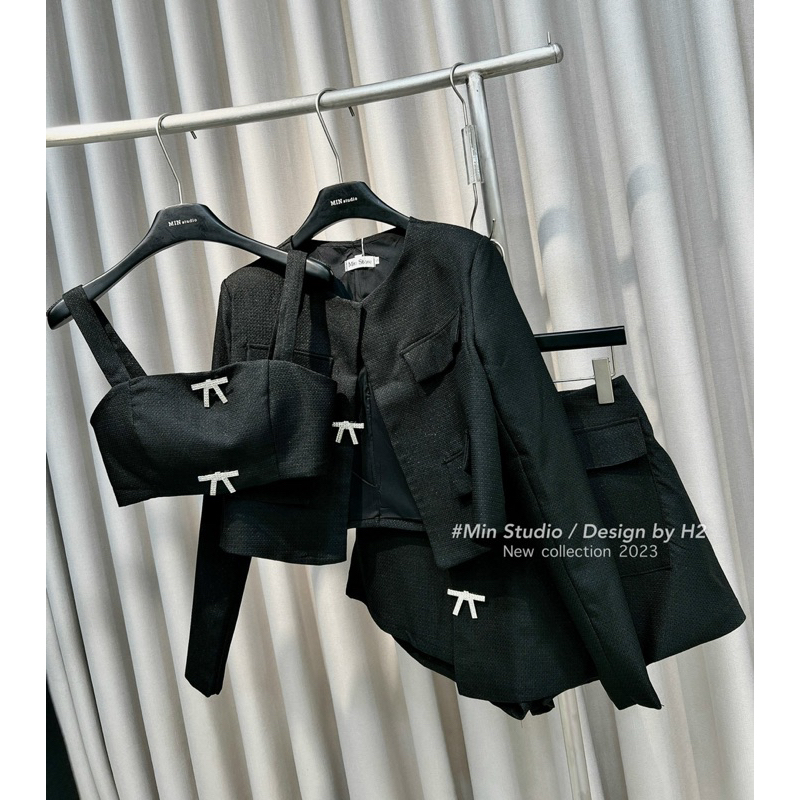 CAILYBOUTIQUE | Set dạ 3 món : Áo 2S + chân váy kèm áo khoác đính nơ tiểu thư