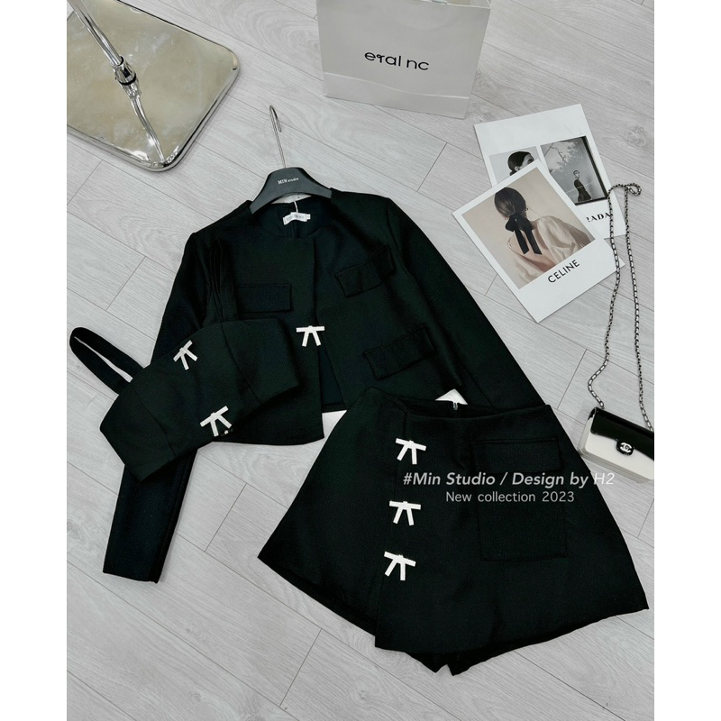 CAILYBOUTIQUE | Set dạ 3 món : Áo 2S + chân váy kèm áo khoác đính nơ tiểu thư