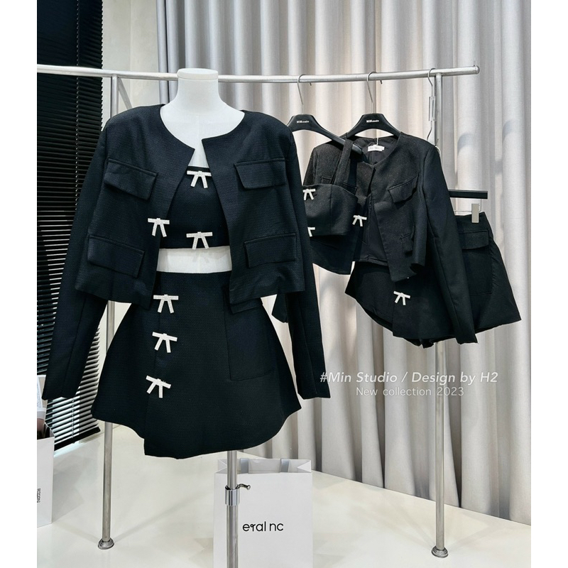 CAILYBOUTIQUE | Set dạ 3 món : Áo 2S + chân váy kèm áo khoác đính nơ tiểu thư