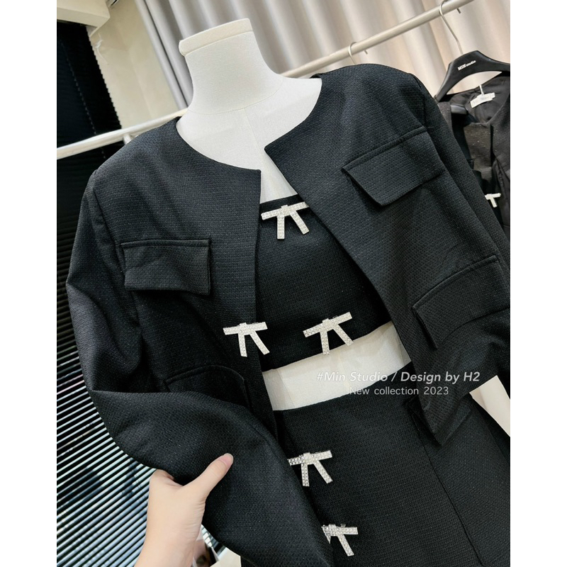 CAILYBOUTIQUE | Set dạ 3 món : Áo 2S + chân váy kèm áo khoác đính nơ tiểu thư