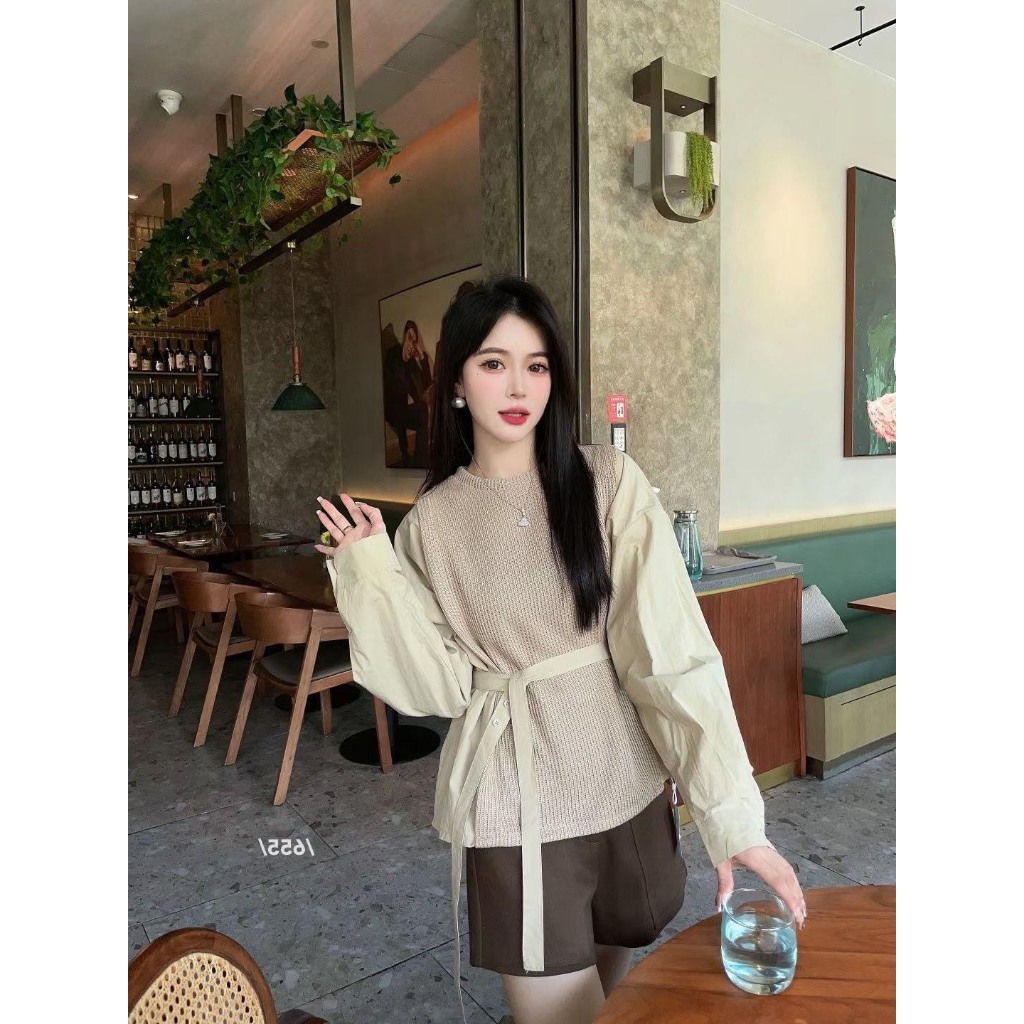Set áo sơ mi phối màu phối nỉ kèm dây đai eo xếp ly - 247store.vn - SetaoSMkemdai154_P4K8
