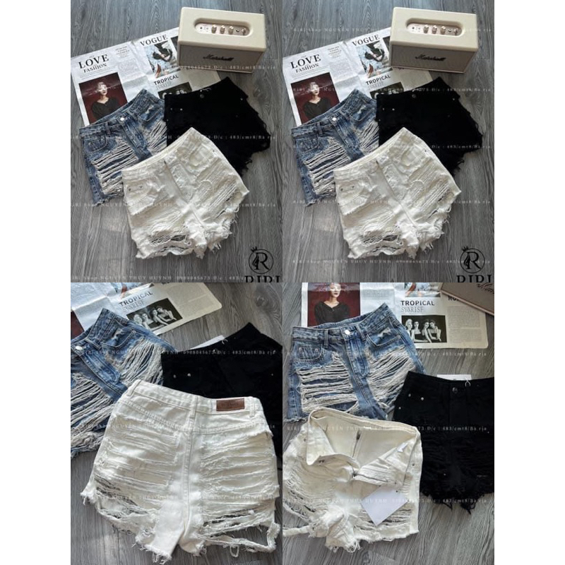 Quần short umi, gomboutique77 Quần short jean kaki rách tả tơi, Quần Short Jeans Thời Trang Rách Trắng-Đen