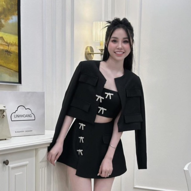 CAILYBOUTIQUE | Set dạ 3 món : Áo 2S + chân váy kèm áo khoác đính nơ tiểu thư