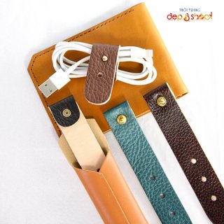 Dụng cụ quấn gọn dây cáp sạc lap top - tai nghe tiện lợi Da bò thật-nút bóp bằng đồng tăng giảm tùy ý