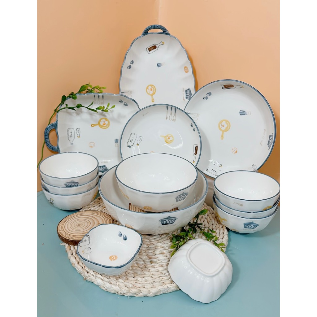 Bộ Bát Tách Lẻ Chén Đĩa Họa Tiết Bộ Đồ Ăn Phong Cách Bắc Âu Men Sáng Đẹp,Sử Dụng Được Cho Lò Vi Sóng Và Máy Rửa Bát