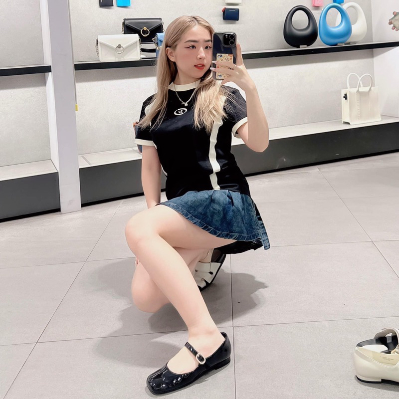 Giày búp bê Cnk đế bệt miệng nông hoạ tiết trơn quai nganh khoá đính ngọc phong cách năng động hàng fullbox