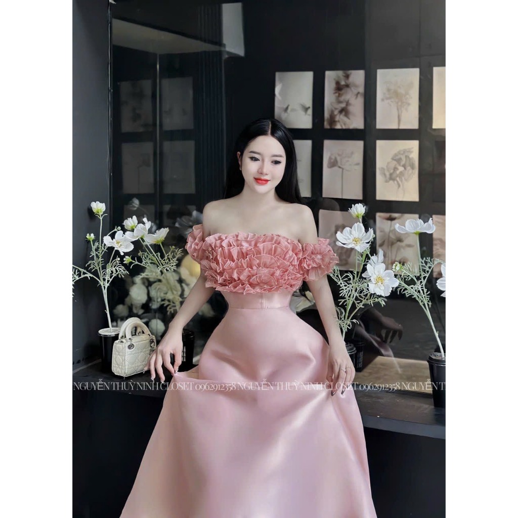 Đầm Maxi Cúp Ngực Phối Voan Tơ 3 Màu Đen Trắng Hồng Dáng Xòe Mặc Dự Tiệc Sang Trọng