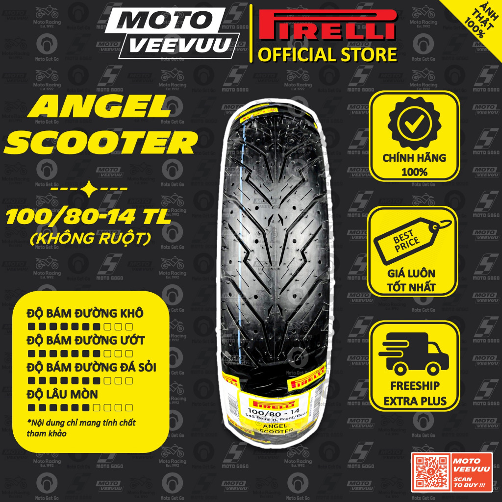 Vỏ lốp xe máy PIRELLI 100/80-14 TL Angel Scooter (Lốp không ruột)