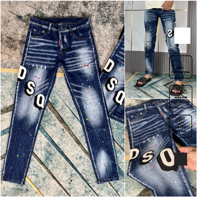 Quần Jeans Nam Dsq2 Xanh Vảy Sơn Thêu Chữ DSQ Đùi - Quần Bò Nam Chất liệu Dehim Cao Cấp Siêu Hottrend
