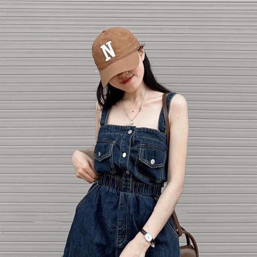Jum nữ quần ngắn ống rộng túi hộp 2 dây chất jean