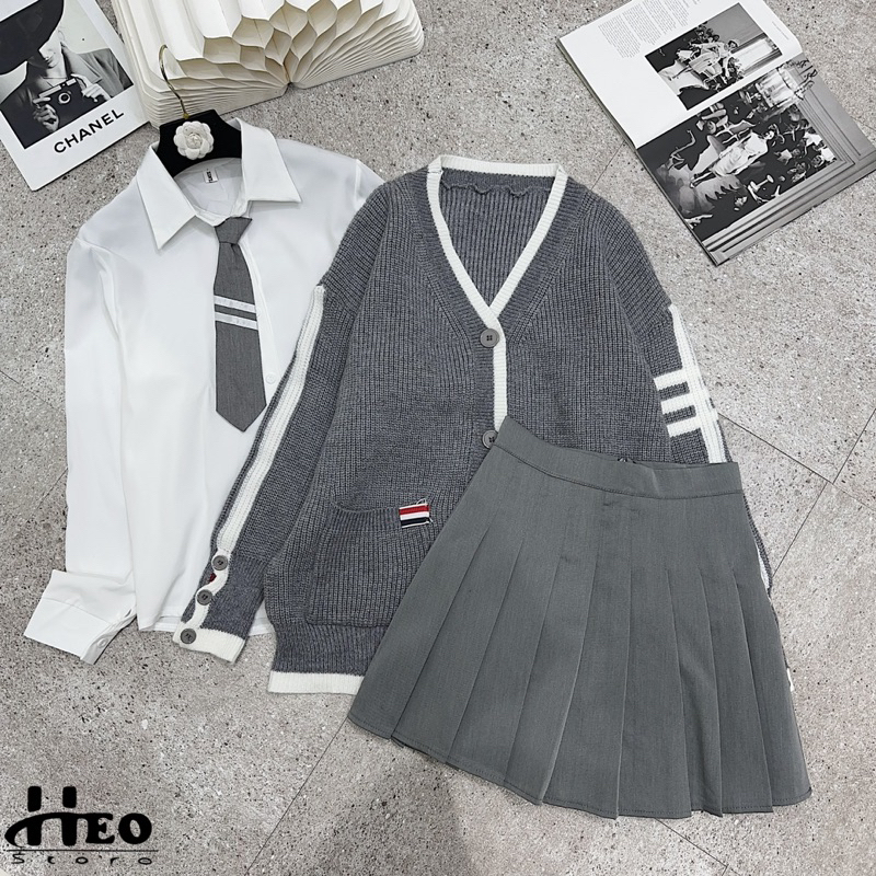 Set Thom 3in1 sơmi, cadigan kèm chân váy xếp ly