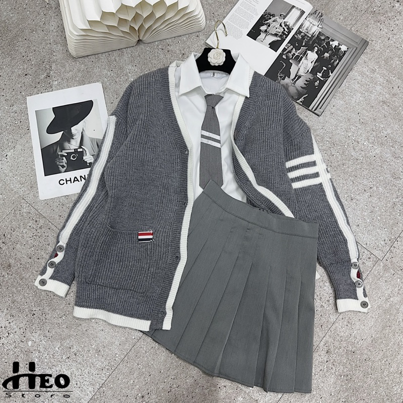 Set Thom 3in1 sơmi, cadigan kèm chân váy xếp ly