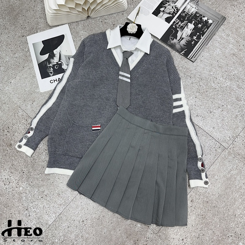 Set Thom 3in1 sơmi, cadigan kèm chân váy xếp ly