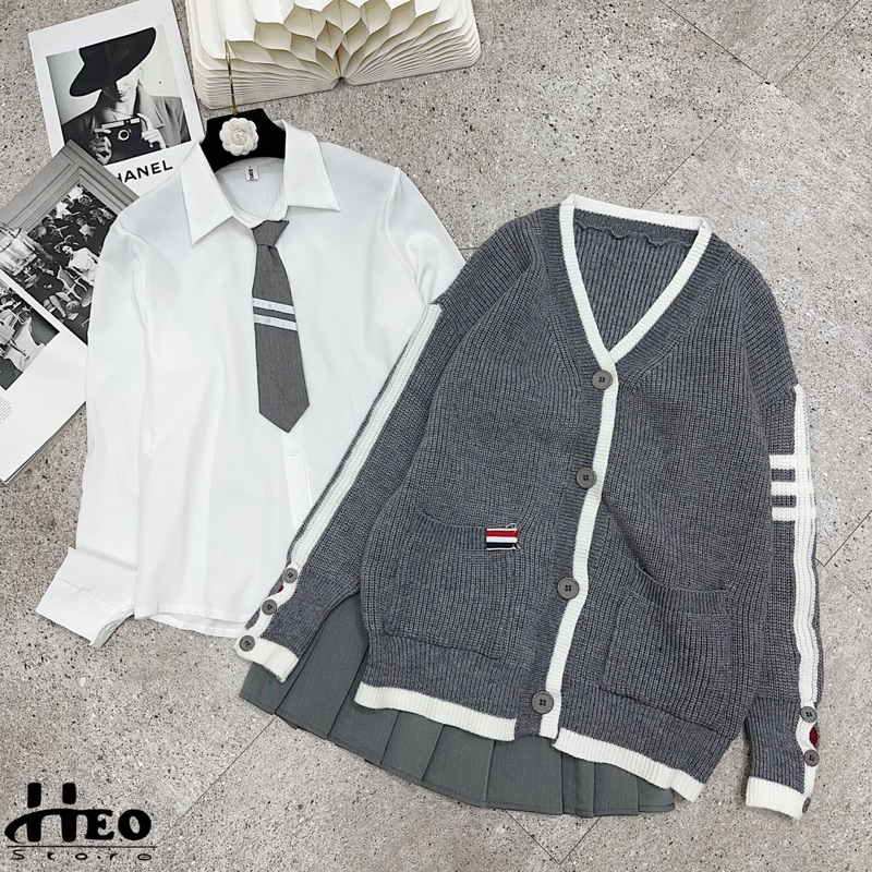 Set Thom 3in1 sơmi, cadigan kèm chân váy xếp ly