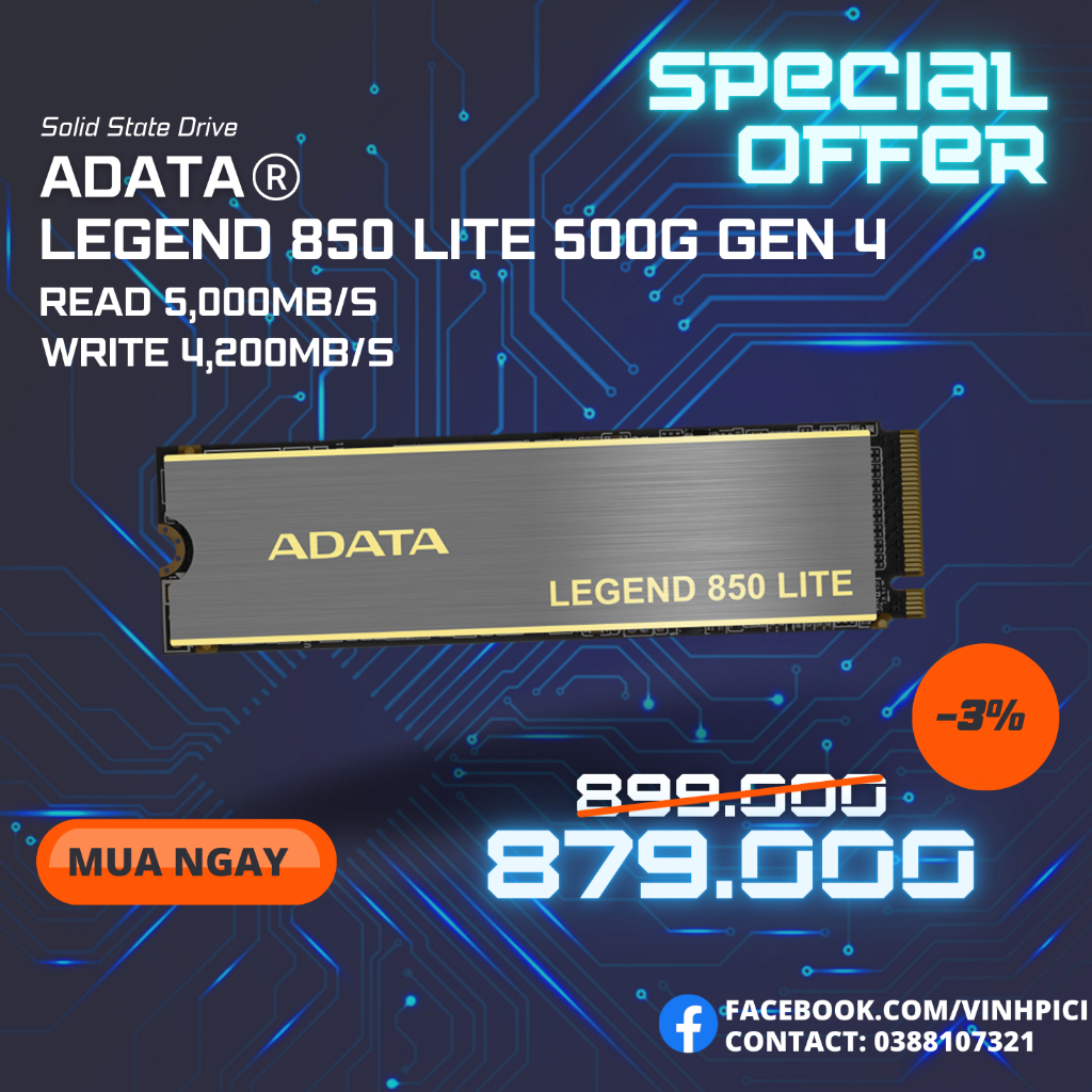 Ổ cứng SSD ADATA LEGEND 850 LITE 500GB Gen4 x4 M.2 2280 (Đoc 5000MB/s, Ghi 4200MB/s)