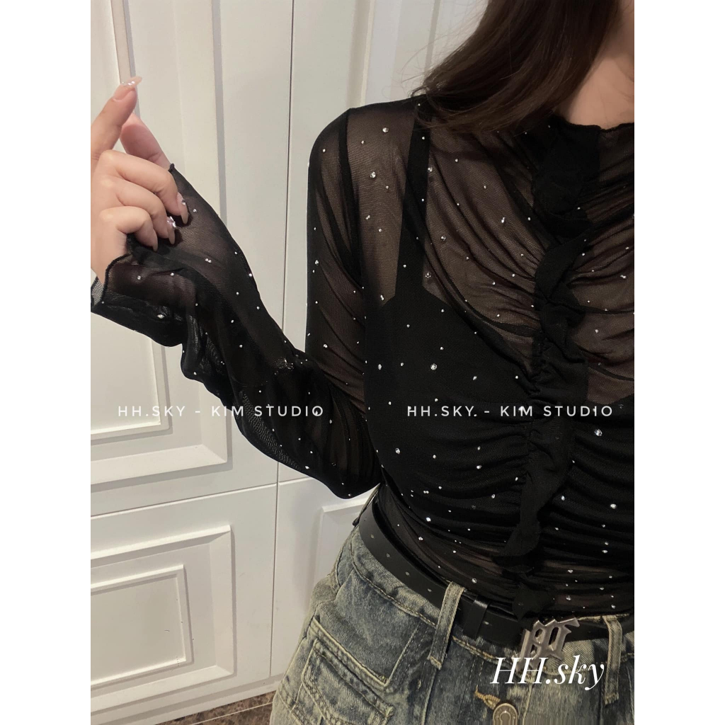 Áo lưới mềm đính đá rúm dài tay