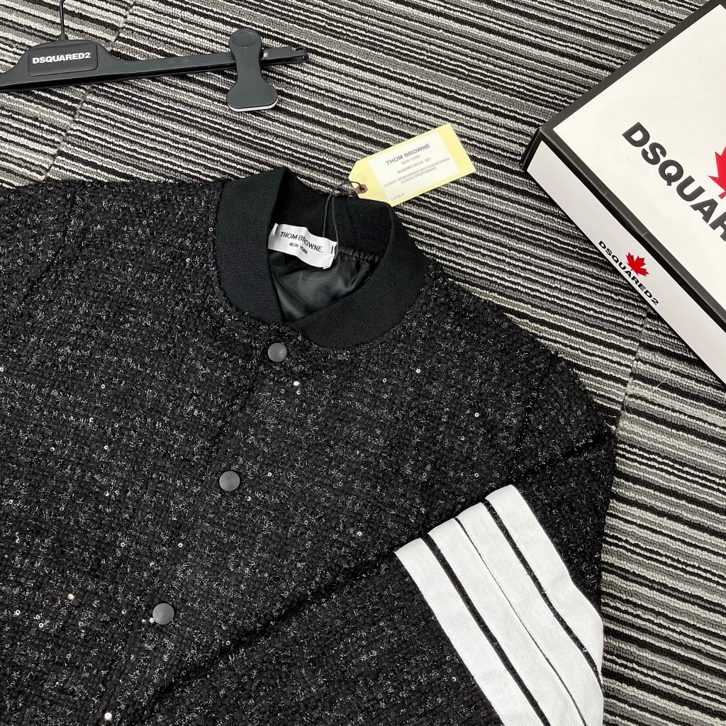 Áo Khoác Bomber Thome Chất Dạ Kim Tuyến Cao Cấp 4 Vạch trắng - Bomber Thome Nam Nữ Chất Dạ Nhũ Kim Tuyến đẹp