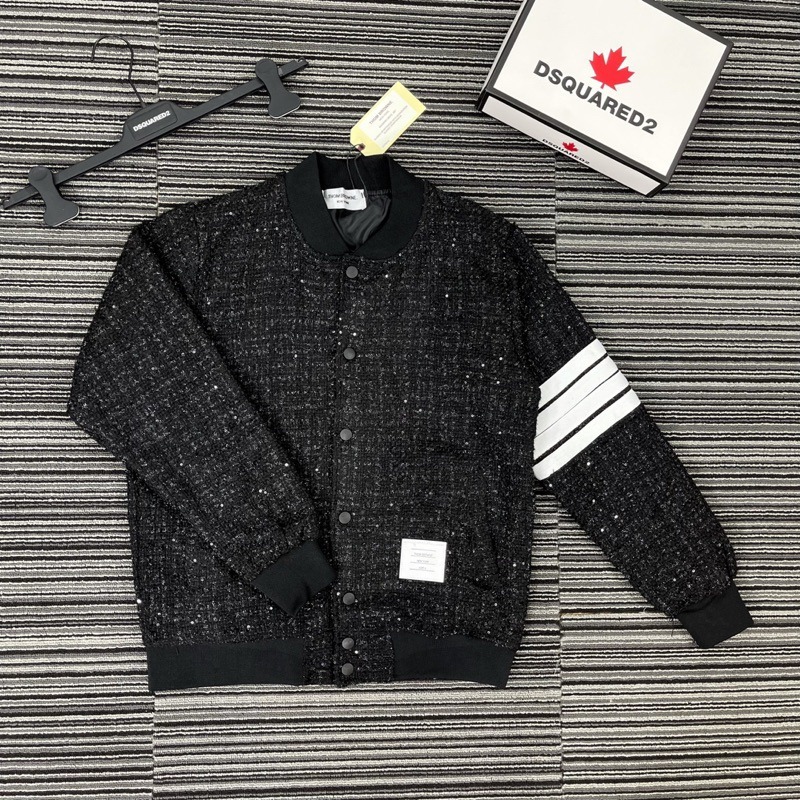 Áo Khoác Bomber Thome Chất Dạ Kim Tuyến Cao Cấp 4 Vạch trắng - Bomber Thome Nam Nữ Chất Dạ Nhũ Kim Tuyến đẹp