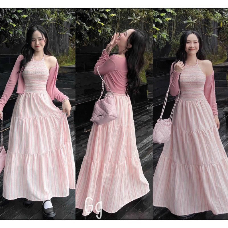 Đầm maxi đi biển kèm áo khoác TRIPBLE T DRESS - Free size