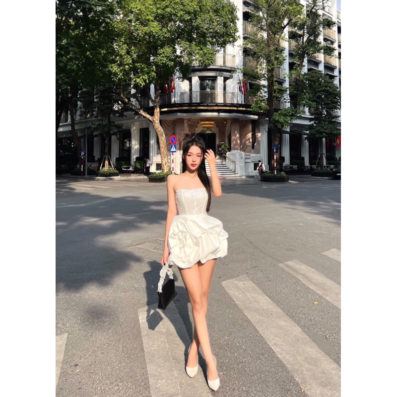 Váy thiết kế tafta phối kim sa cúp ngực chân váy hoa hồng sexy size SML