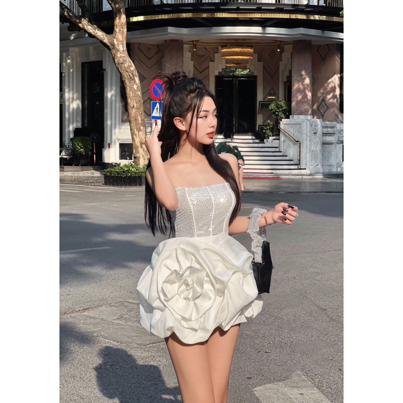 Váy thiết kế tafta phối kim sa cúp ngực chân váy hoa hồng sexy size SML