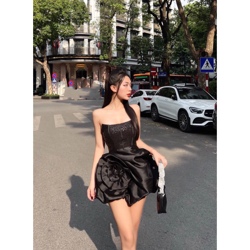 Váy thiết kế tafta phối kim sa cúp ngực chân váy hoa hồng sexy size SML