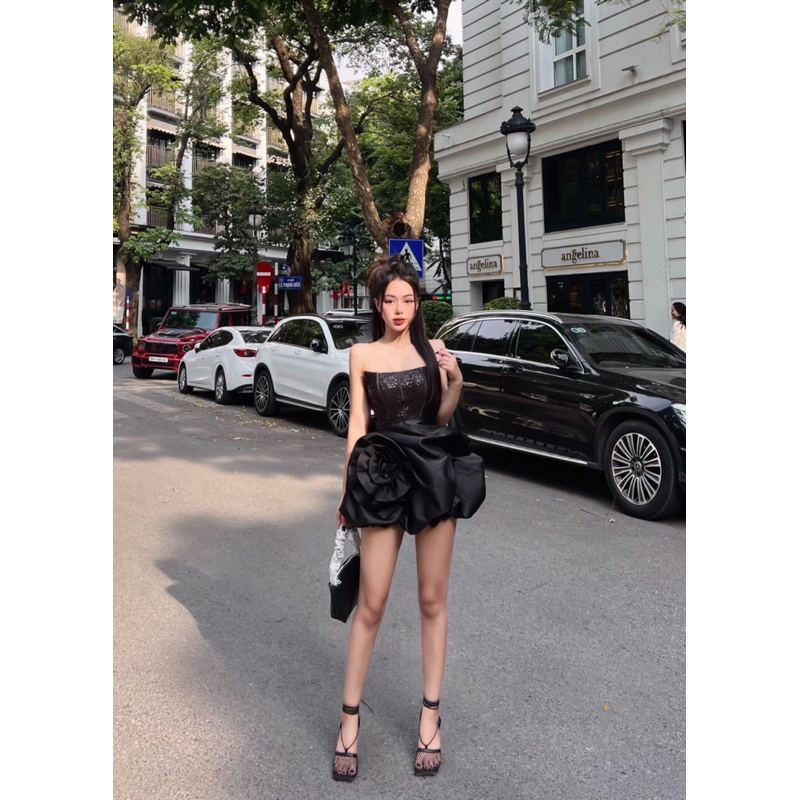 Váy thiết kế tafta phối kim sa cúp ngực chân váy hoa hồng sexy size SML