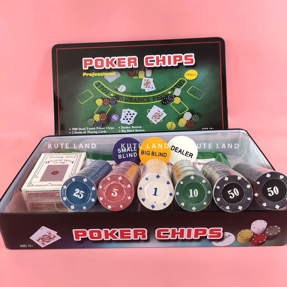 Bộ Phỉnh 300 Chip Poker có số 1,5,10,25,50 hộp sắt cao cấp kèm thảm Texas Hold'em Blackjack Full hộp PK17
