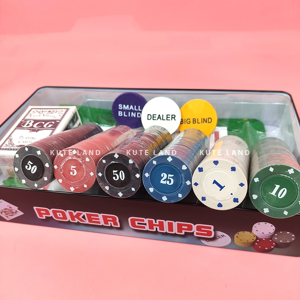 Bộ Phỉnh 300 Chip Poker có số 1,5,10,25,50 hộp sắt cao cấp kèm thảm Texas Hold'em Blackjack Full hộp PK17