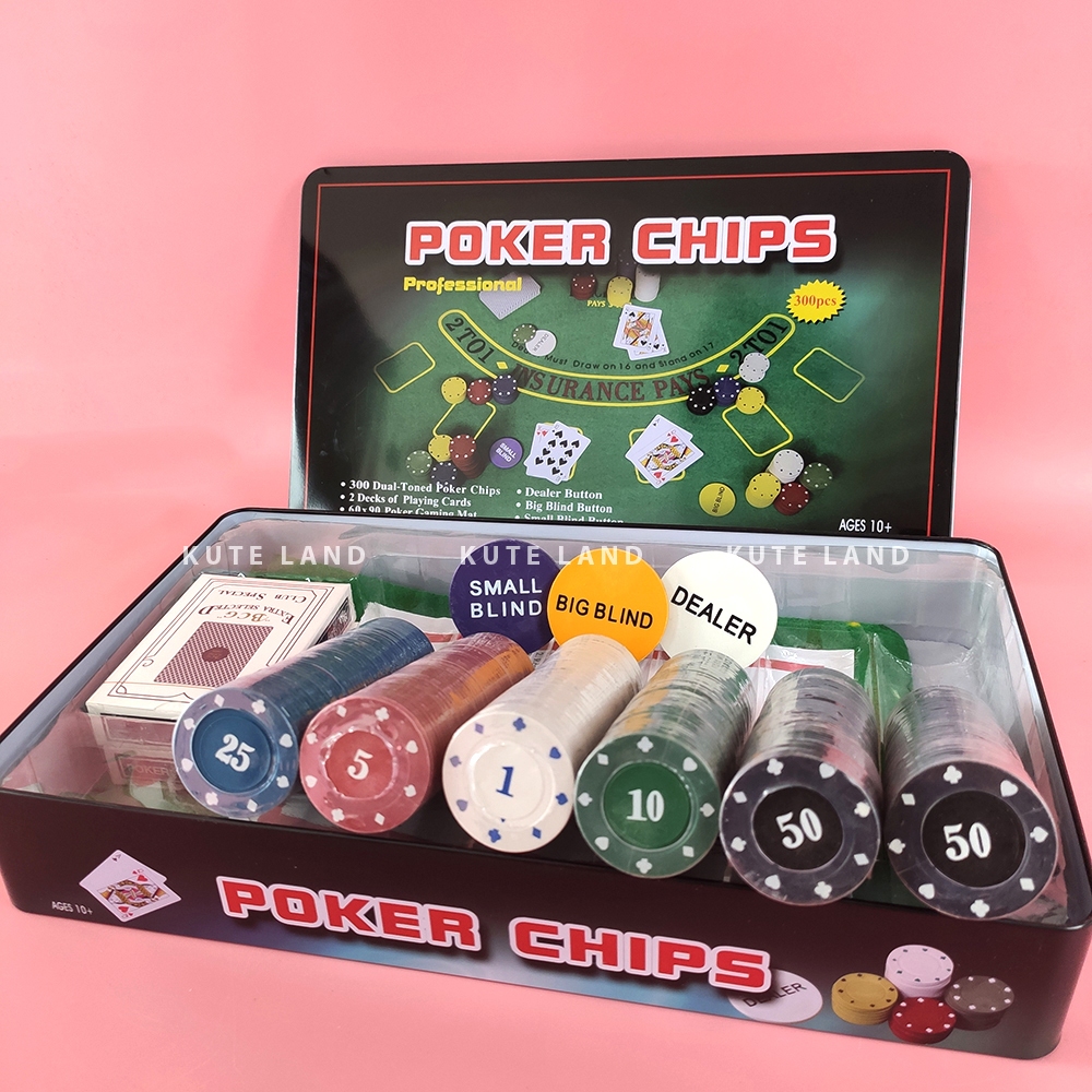 Bộ Phỉnh 300 Chip Poker có số 1,5,10,25,50 hộp sắt cao cấp kèm thảm Texas Hold'em Blackjack Full hộp PK17