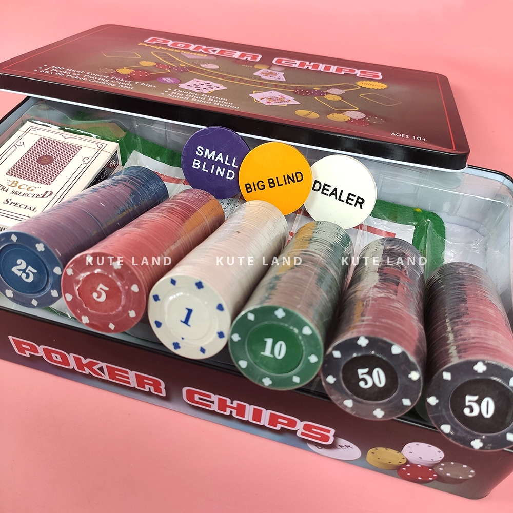 Bộ Phỉnh 300 Chip Poker có số 1,5,10,25,50 hộp sắt cao cấp kèm thảm Texas Hold'em Blackjack Full hộp PK17