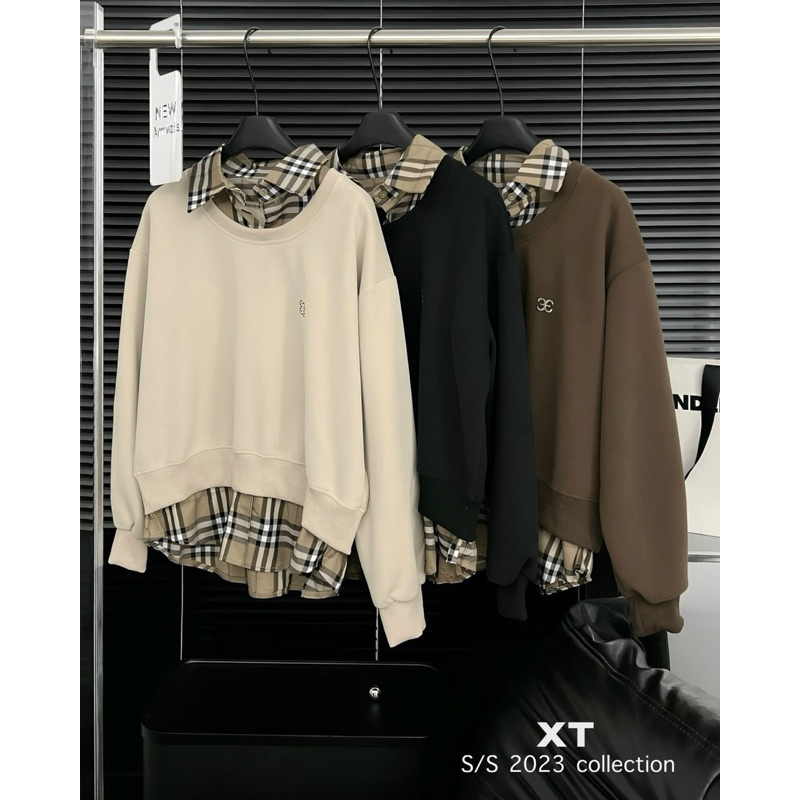 Áo nỉ pha smi kẻ bắp bơ ry QC