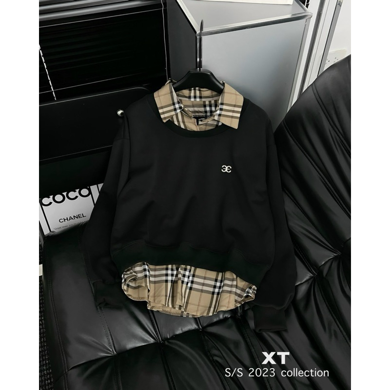 Áo nỉ pha smi kẻ bắp bơ ry QC