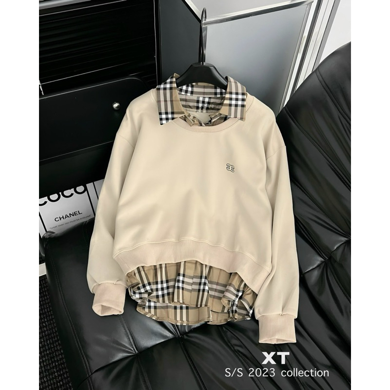 Áo nỉ pha smi kẻ bắp bơ ry QC