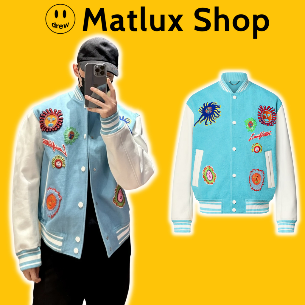 Áo varsity jacket LV 23ss Embroidered Faces Blouson cao cấp, Áo khoác bóng chày nam nữ LV thêu hình họa tiết form rộng