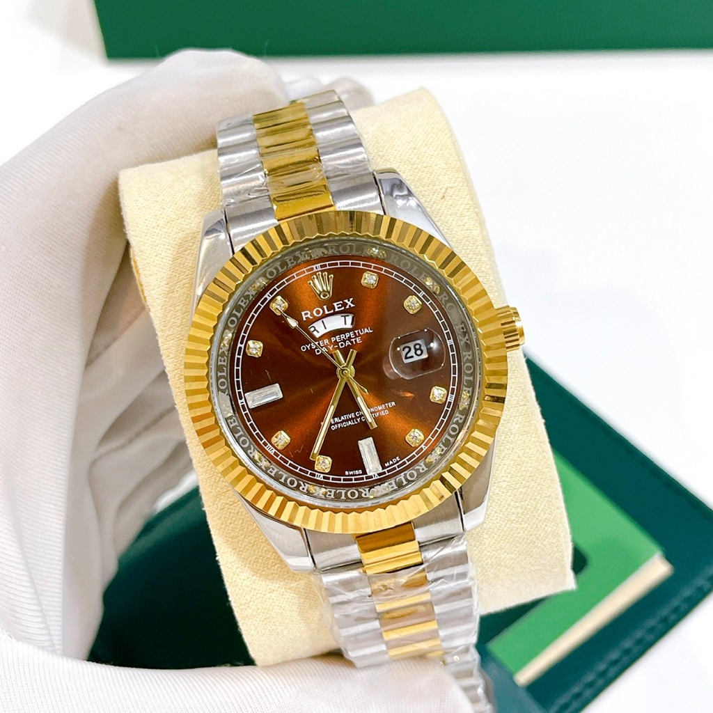 Đồng Hồ Nam Rolex Day Date, Size Mặt 40mm,Viền Băm, Dây Nguyên Khối, Kính Khoáng Chống Trày, Máy Pin, Bảo Hành 6 Tháng