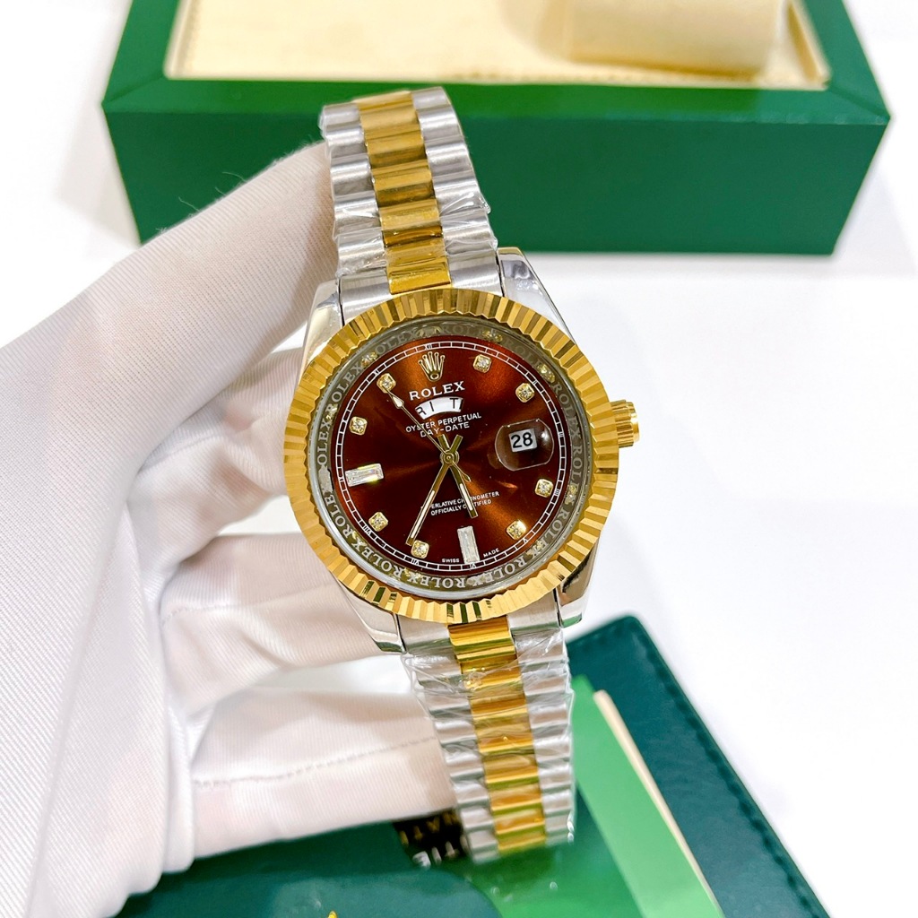 Đồng Hồ Nam Rolex Day Date, Size Mặt 40mm,Viền Băm, Dây Nguyên Khối, Kính Khoáng Chống Trày, Máy Pin, Bảo Hành 6 Tháng